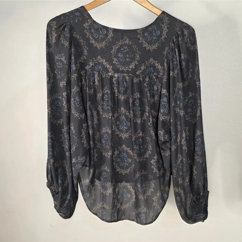 Free People Cowl Neck Blouse XS Whimsigoth Dark Floral Oversized Ballon Sleeve